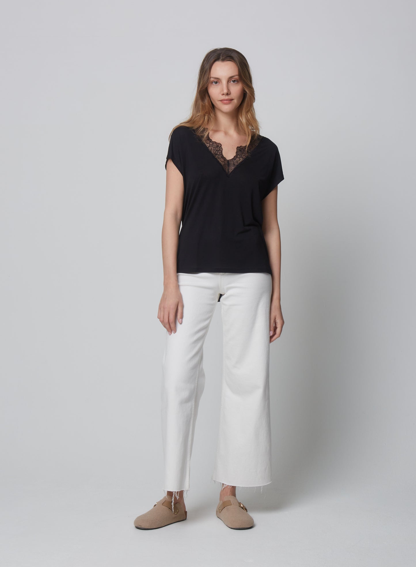 Black V-Neck Tee with Lace Detail