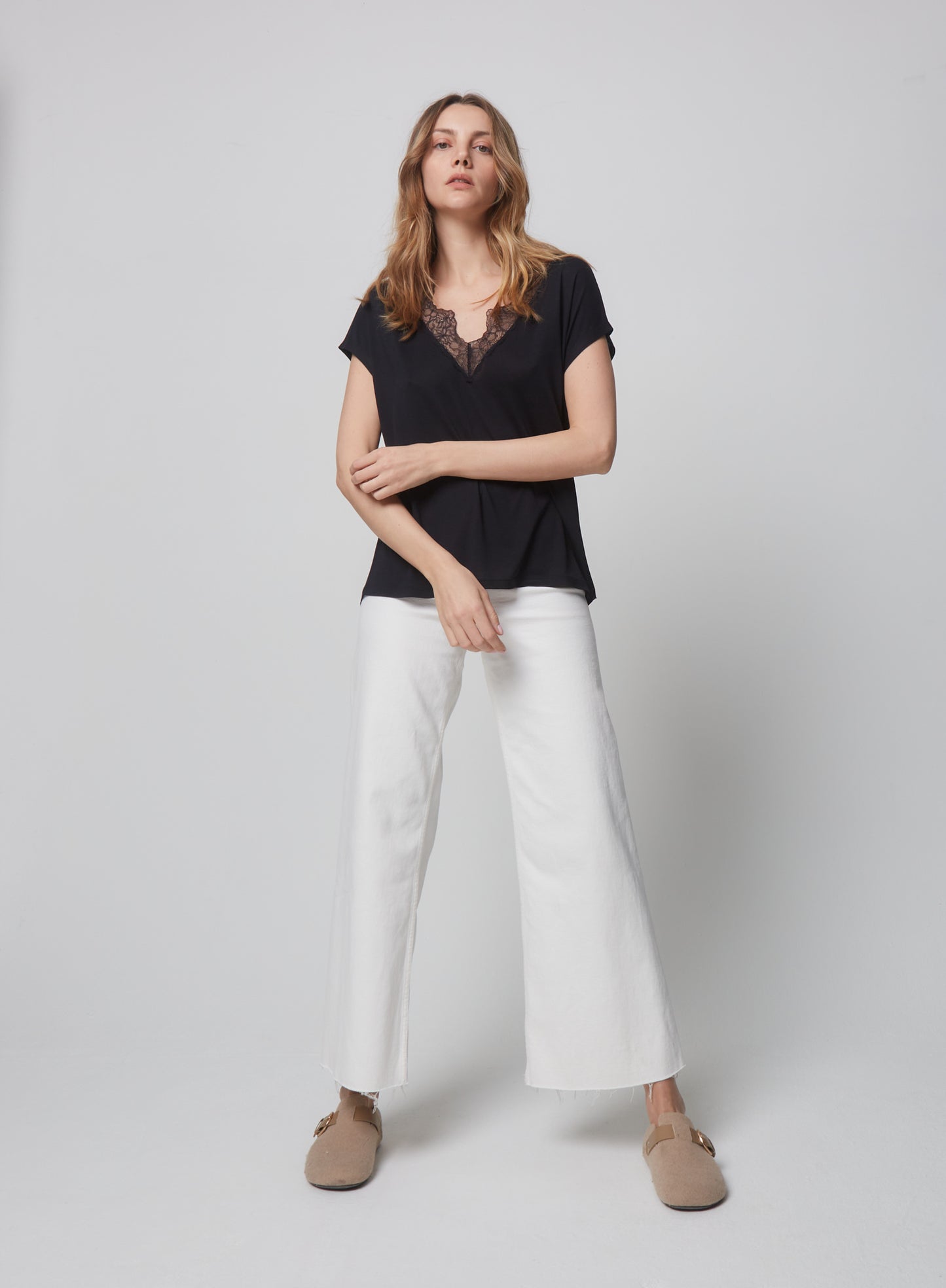 Black V-Neck Tee with Lace Detail