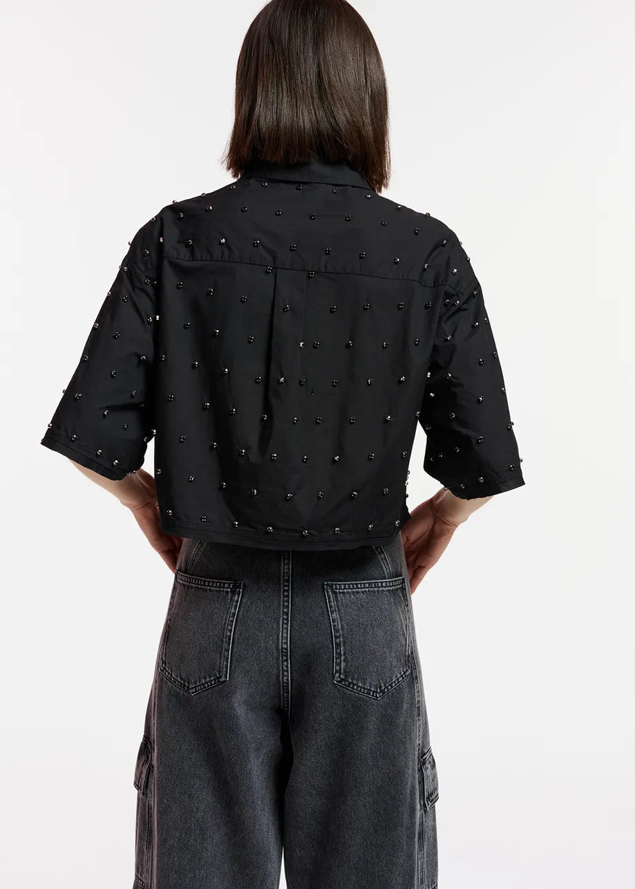 Black cropped shirt with rhinestones  East