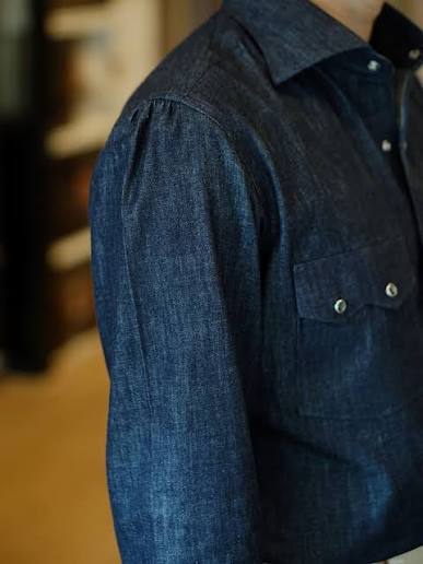 Navy blue cotton-linen chambray button-down shirt