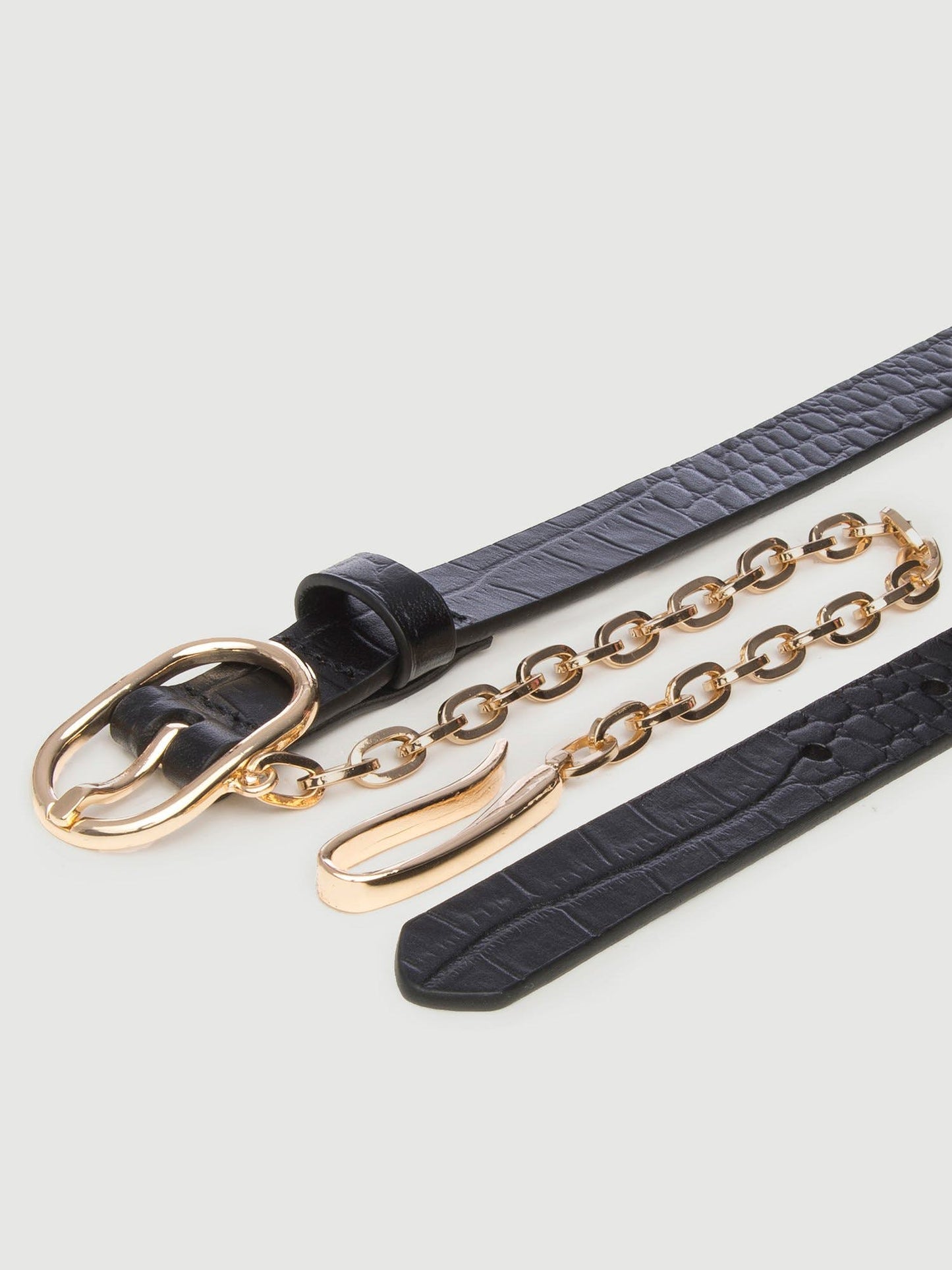 Le Petit Oval Buckle Belt with Chain Noir Croc