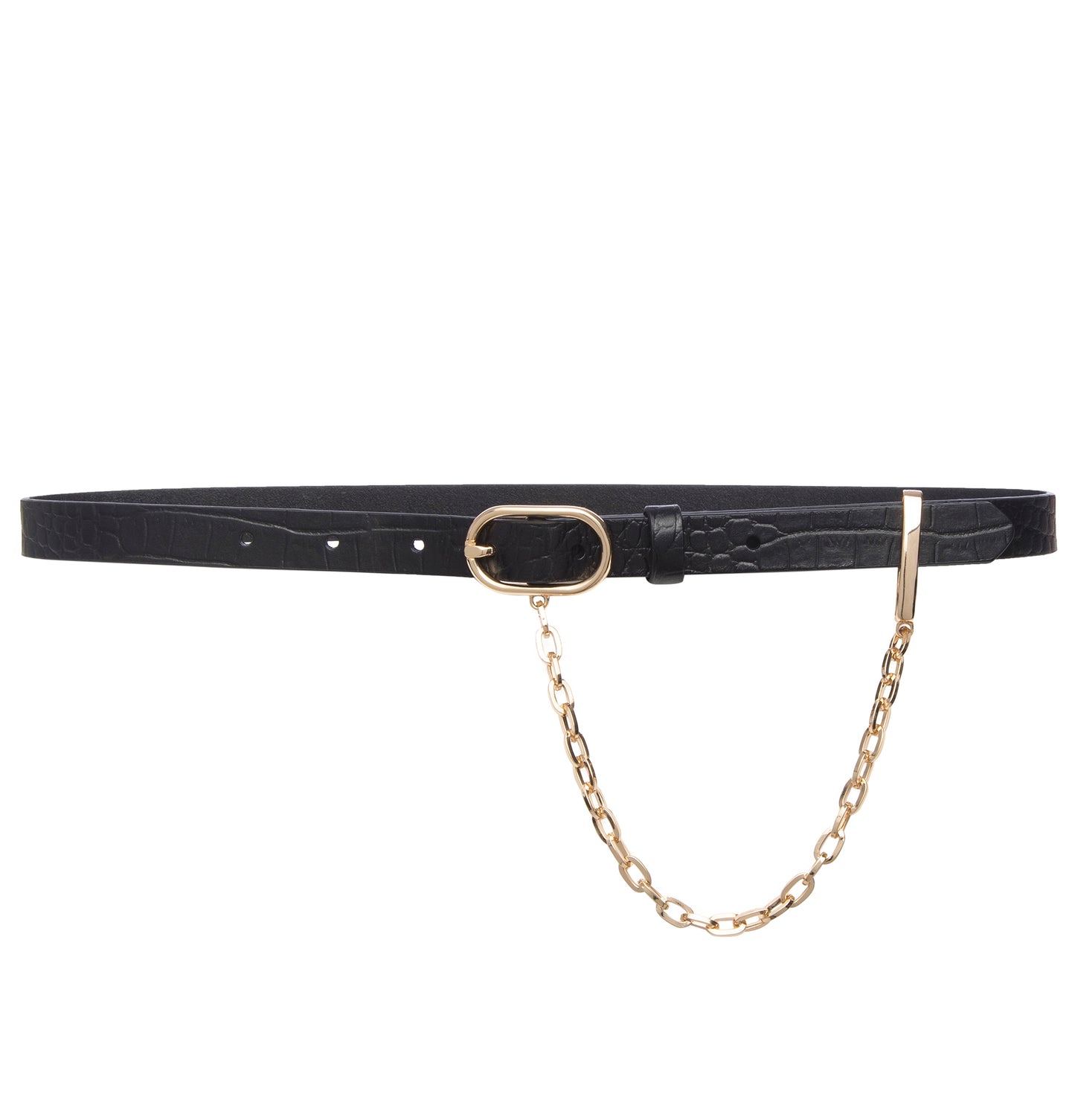 Le Petit Oval Buckle Belt with Chain Noir Croc