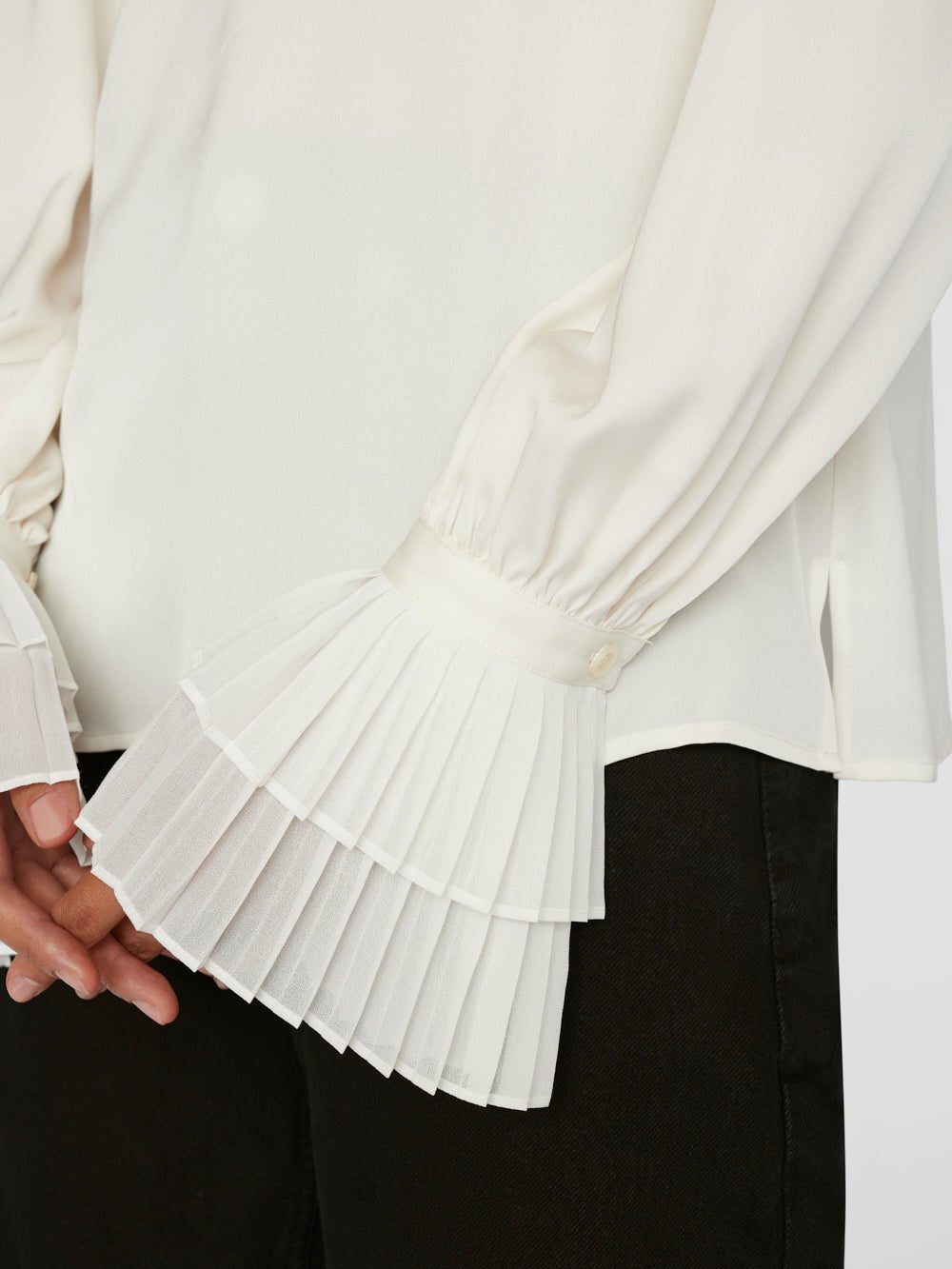 Pleated Cuff V-Neck Top - Off White