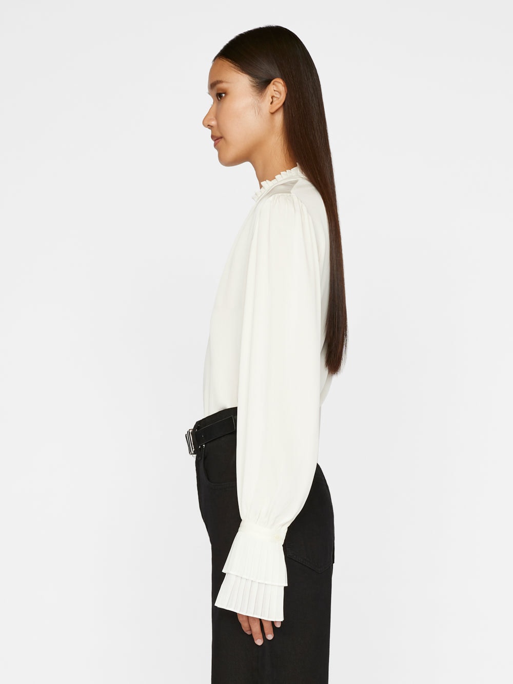 Pleated Cuff V-Neck Top - Off White