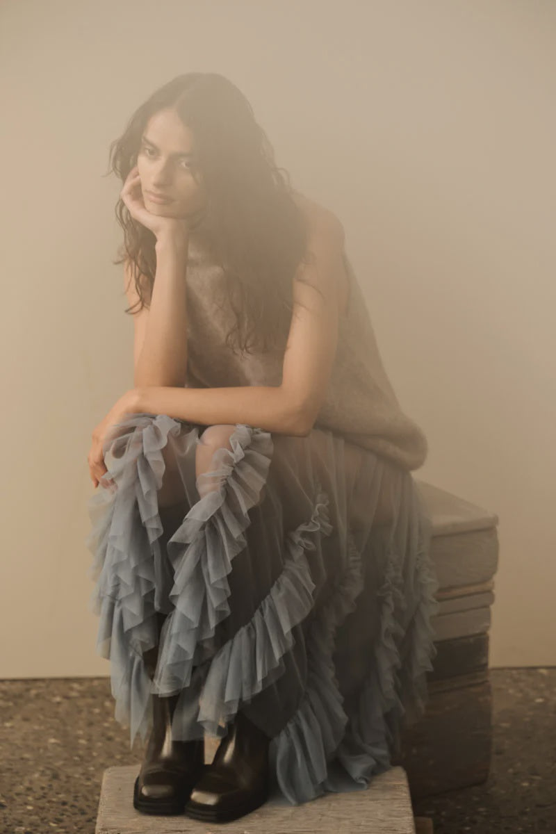 Glenda Frilly Tulle Skirt - Dusty Blue