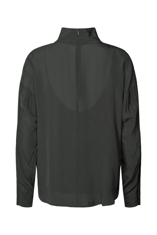Evia Matte Drape Zip Sleeve Blouse - Pirate Black