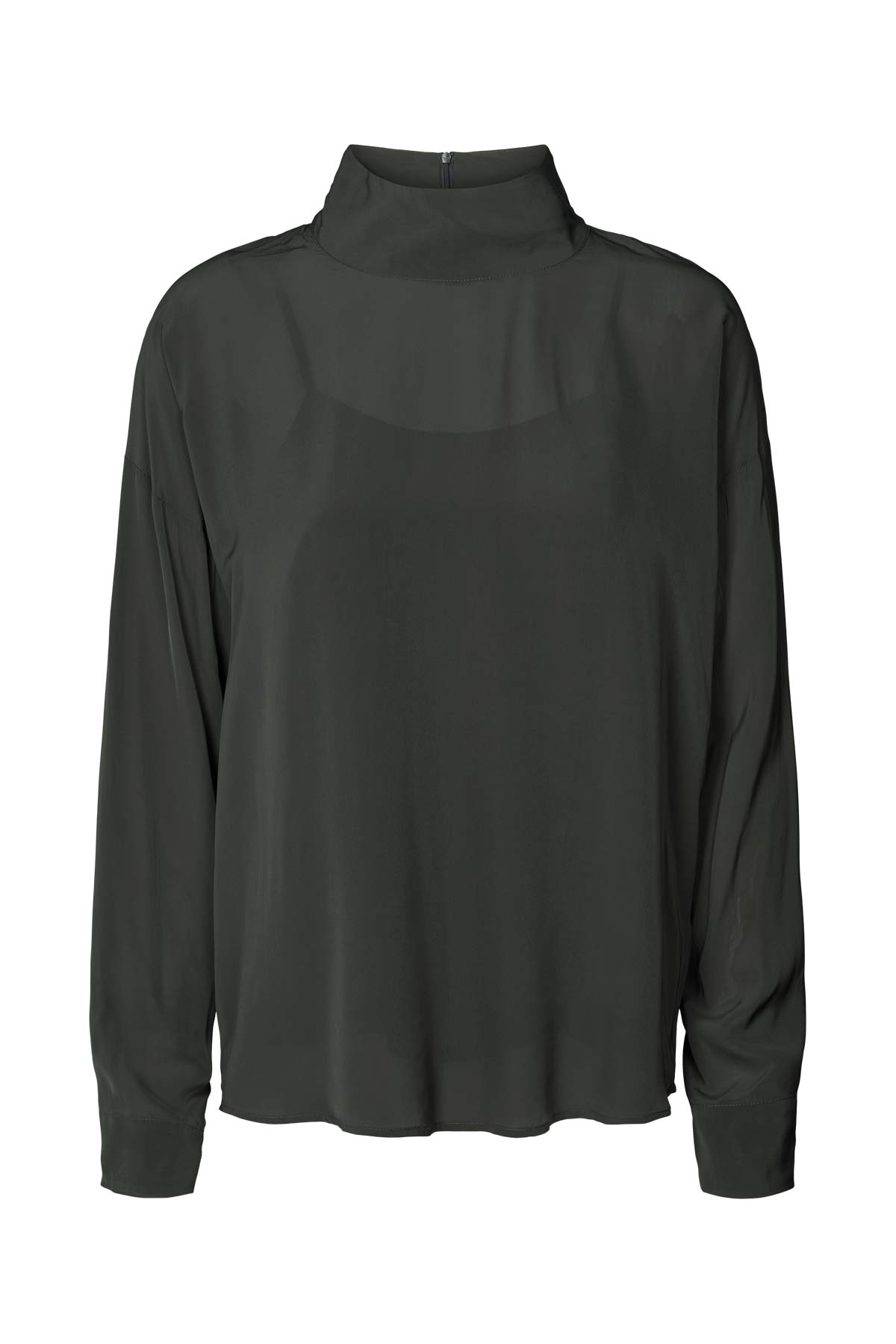 Evia Matte Drape Zip Sleeve Blouse - Pirate Black