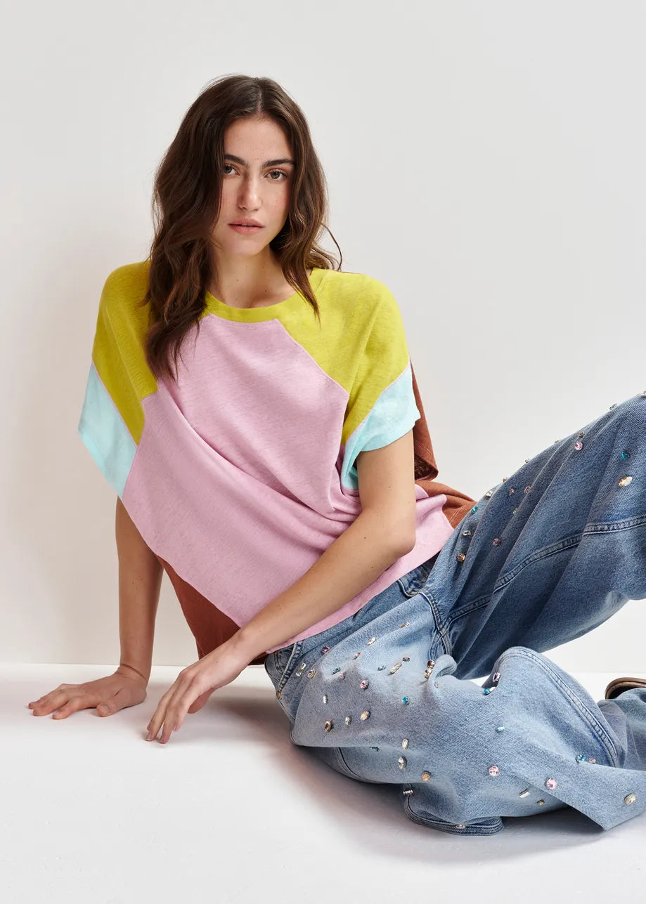 Hin Linen Colourblock T-Shirt - Yellow