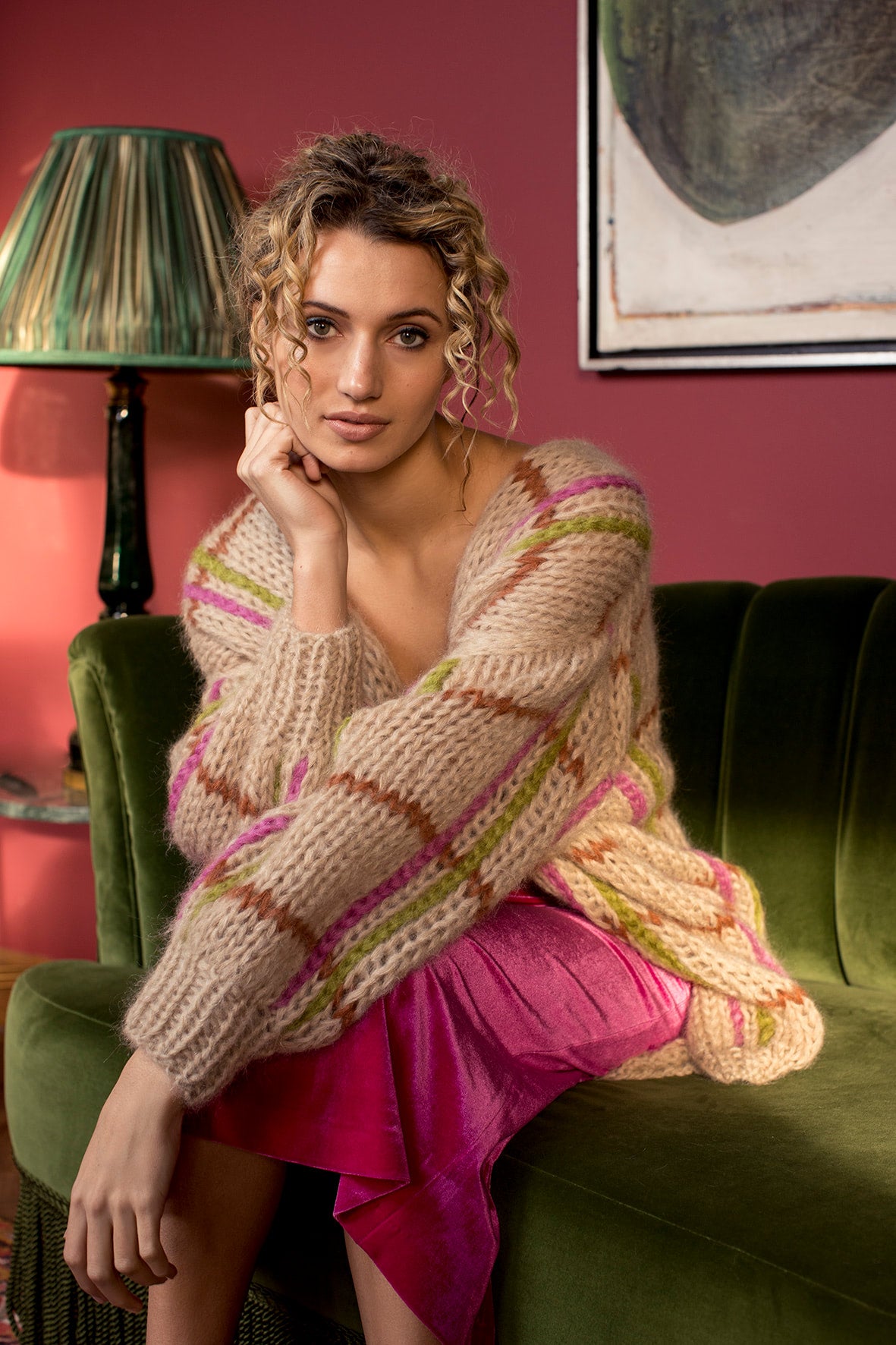 Cardigan Sand with Squares in Peagreen-Fuchsia and Cognac