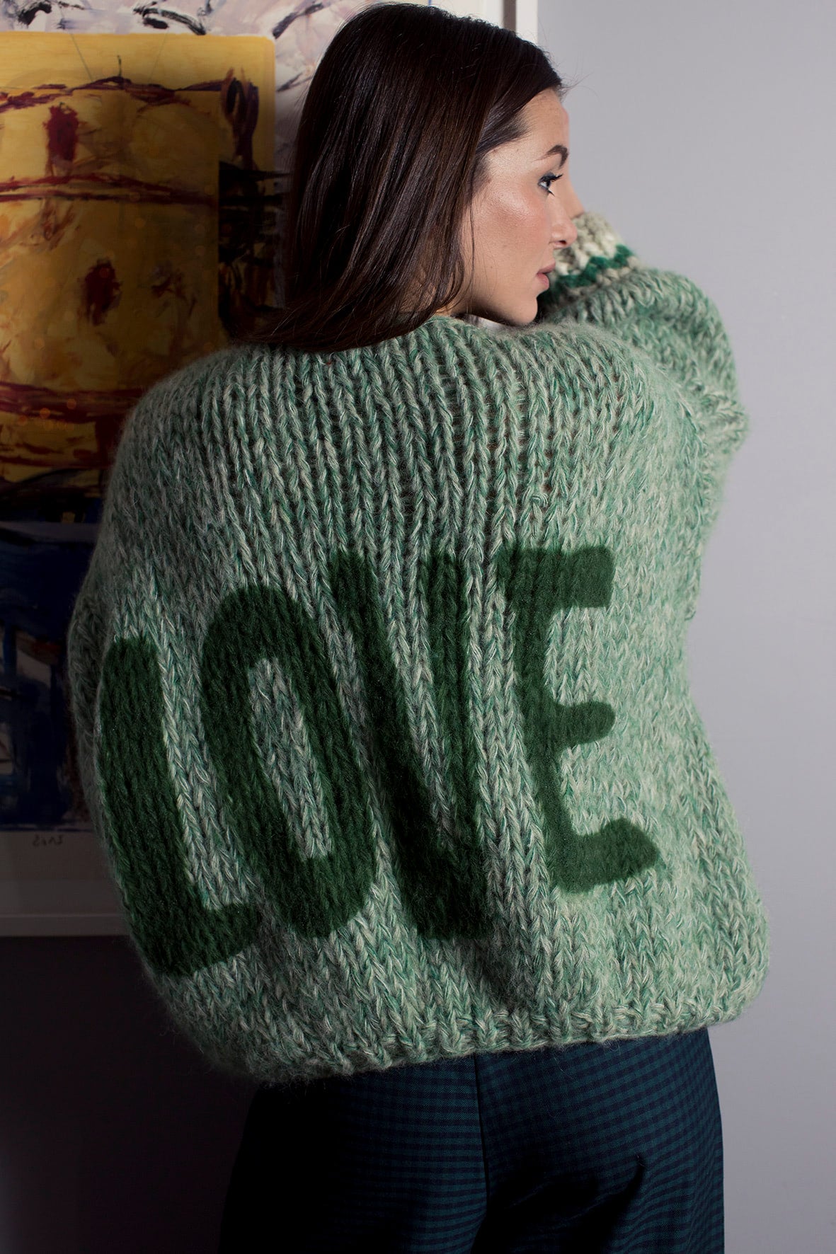 Alpaca Pullover Short Green/Sage/White Graffiti 'LOVE'