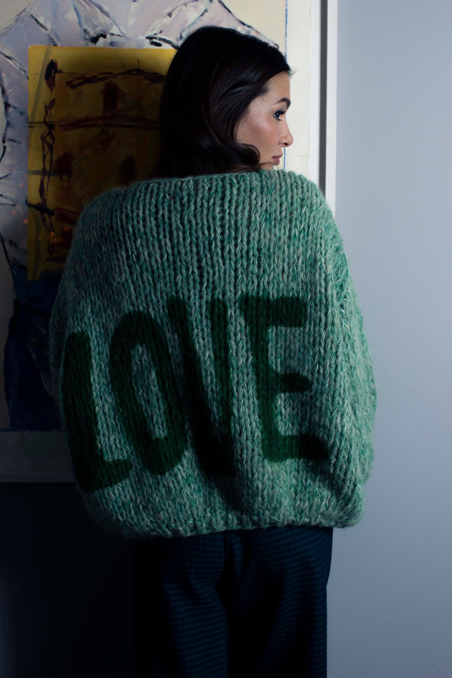 Alpaca Pullover Short Green/Sage/White Graffiti 'LOVE'