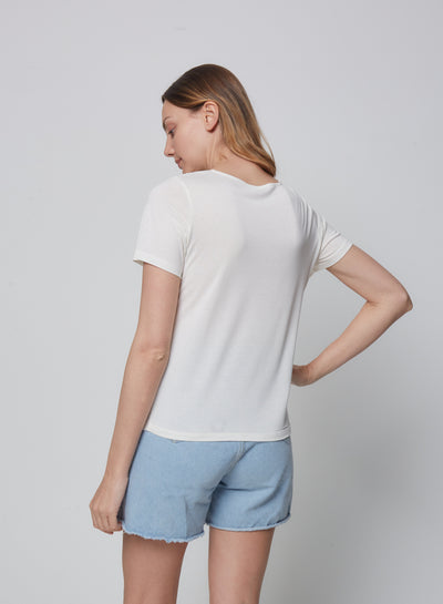 Off White V-Neck Tee with Lace Detail
