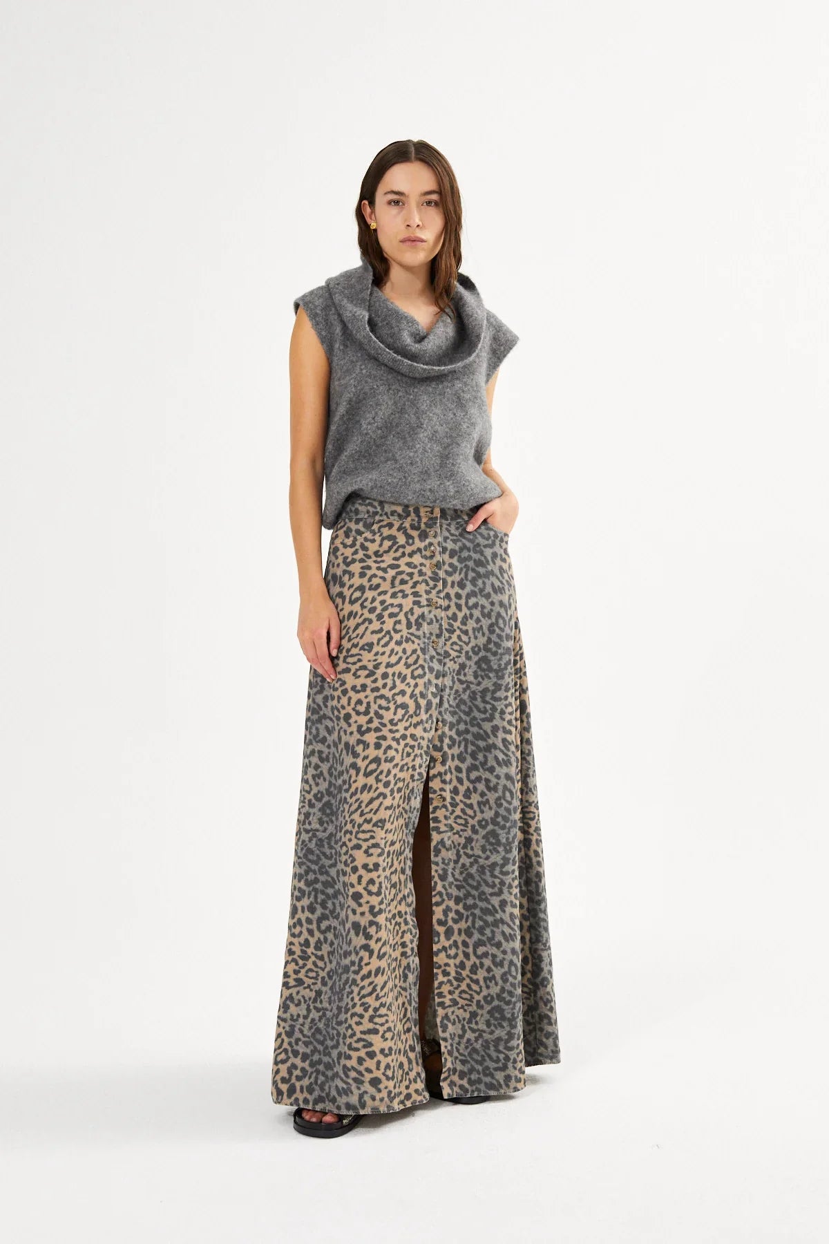 Natja Button Skirt - Leopard