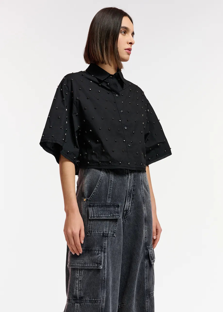 Black cropped shirt with rhinestones  East
