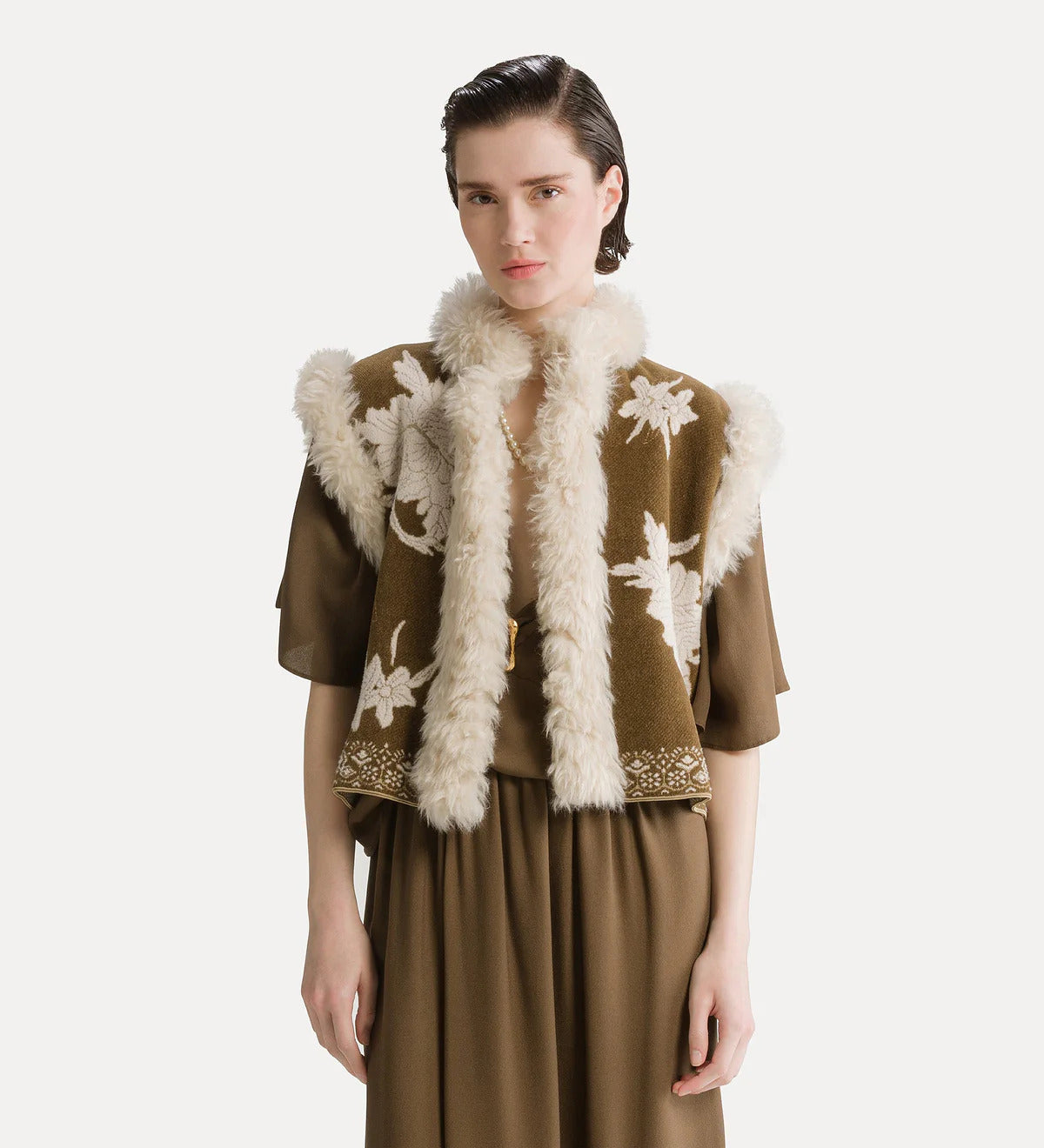 "The Lotus" Chenille Jacquard Vest Eco Fur Details