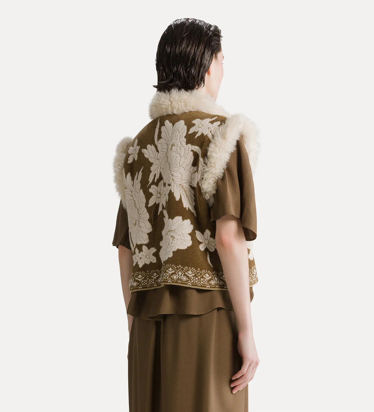 "The Lotus" Chenille Jacquard Vest Eco Fur Details