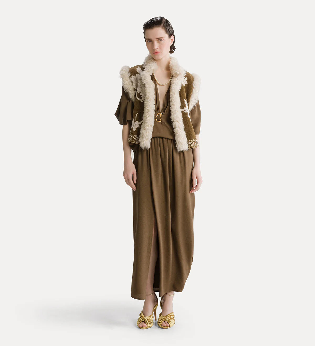 "The Lotus" Chenille Jacquard Vest Eco Fur Details