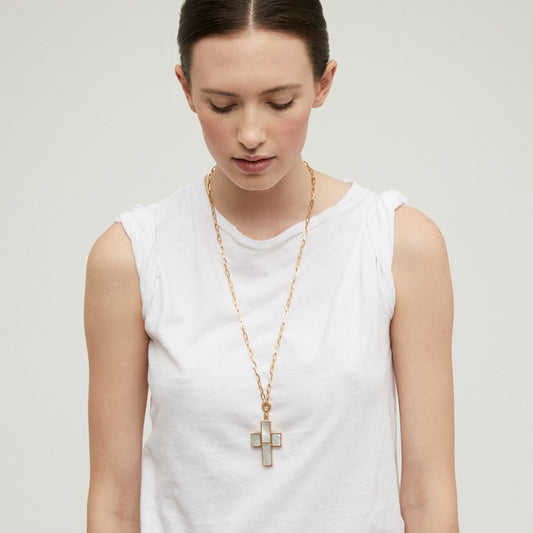 Croix Serti long necklace - White Mother-of-pearl