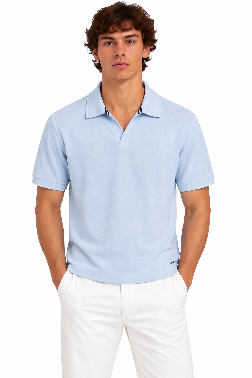 Gardeur Buttonless V-Neck Light Blue Polo
