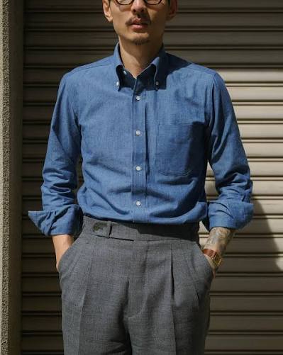 Navy blue cotton-linen chambray button-down shirt