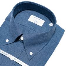 Navy blue cotton-linen chambray button-down shirt