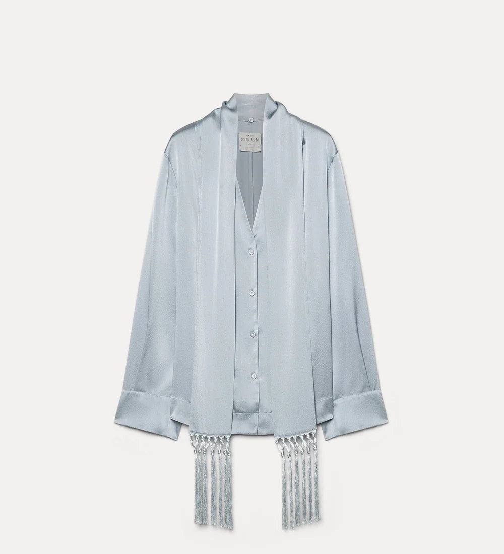Silk Satin Shirt with Fringed Scarf