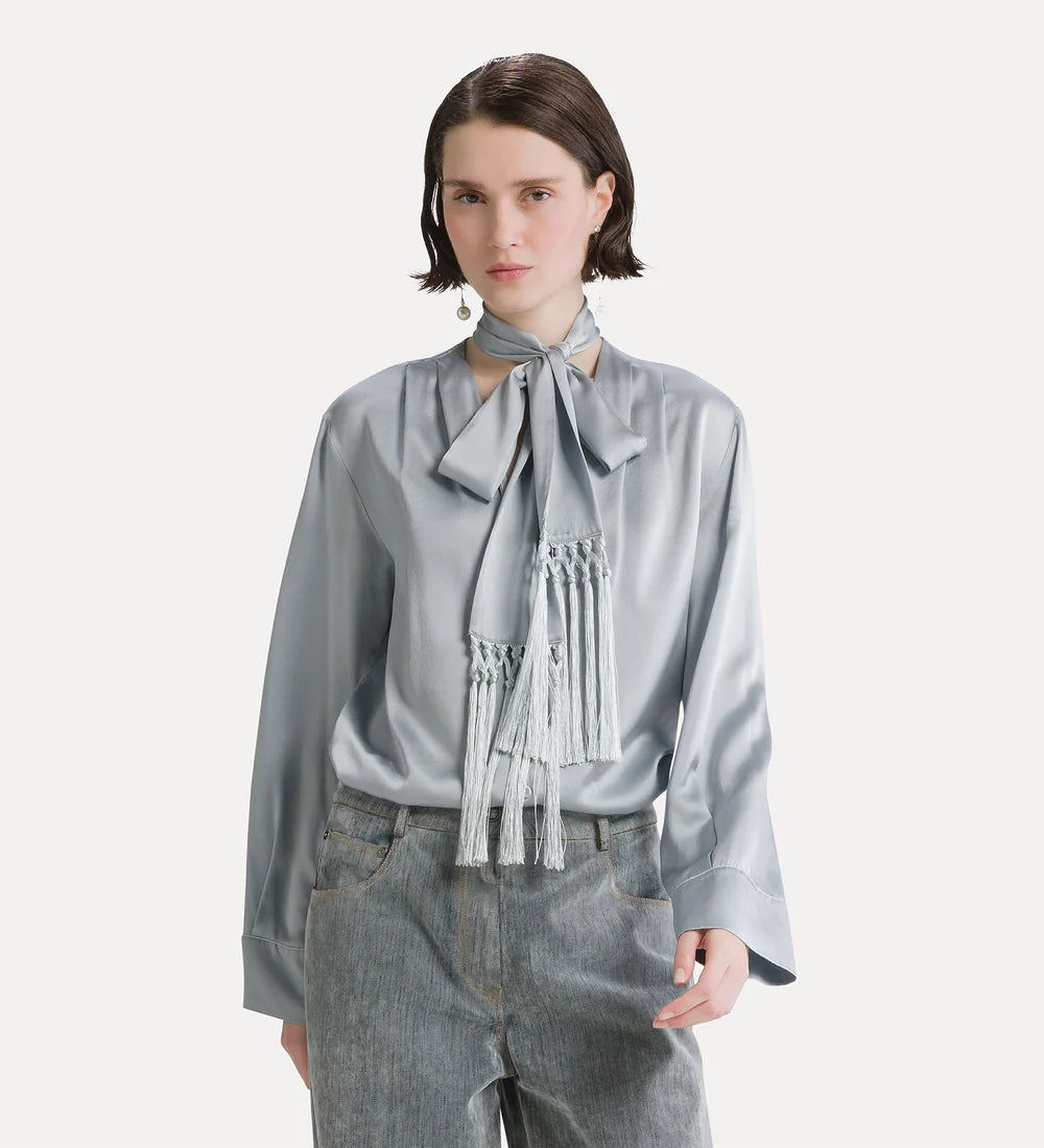 Silk Satin Shirt with Fringed Scarf