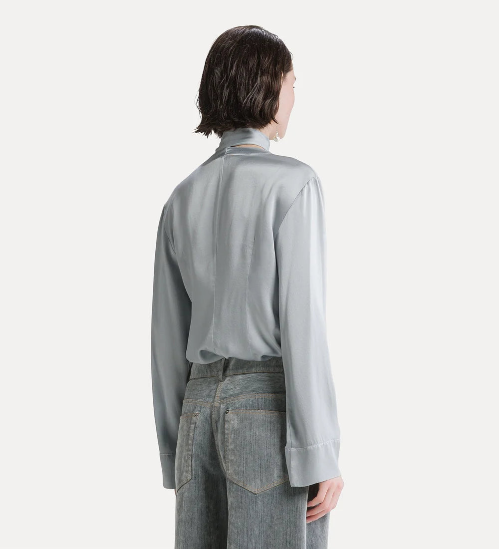 Silk Satin Shirt with Fringed Scarf