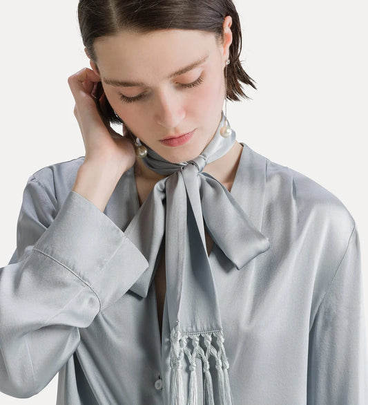 Silk Satin Shirt with Fringed Scarf
