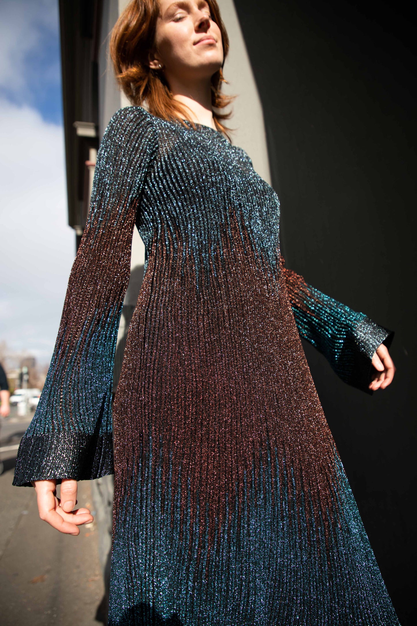 Long Sleeve lurex 2 tone Dress