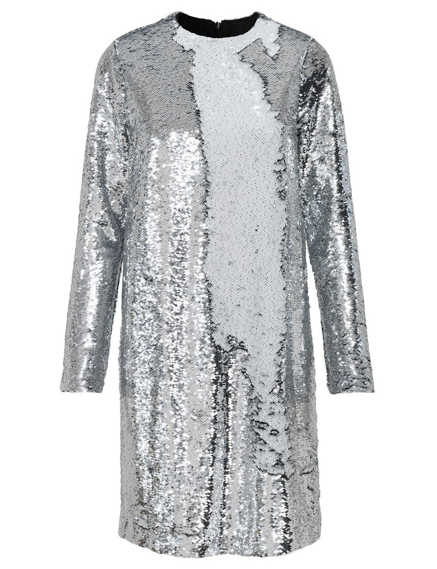 Mirror Sequin Silver Long Sleeve Sequin Dress