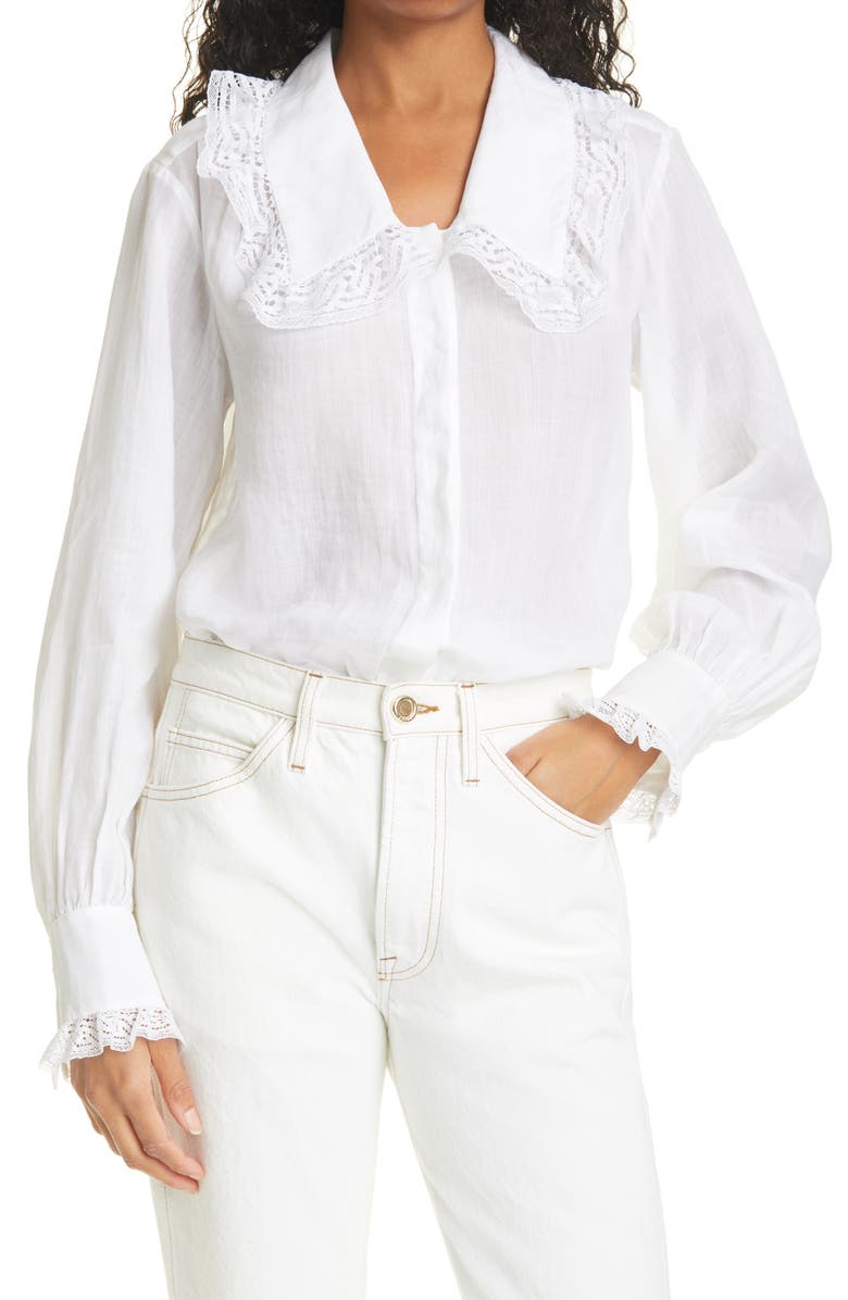 Women's Black Chelsea Collar Lace Trim Cotton Blouse