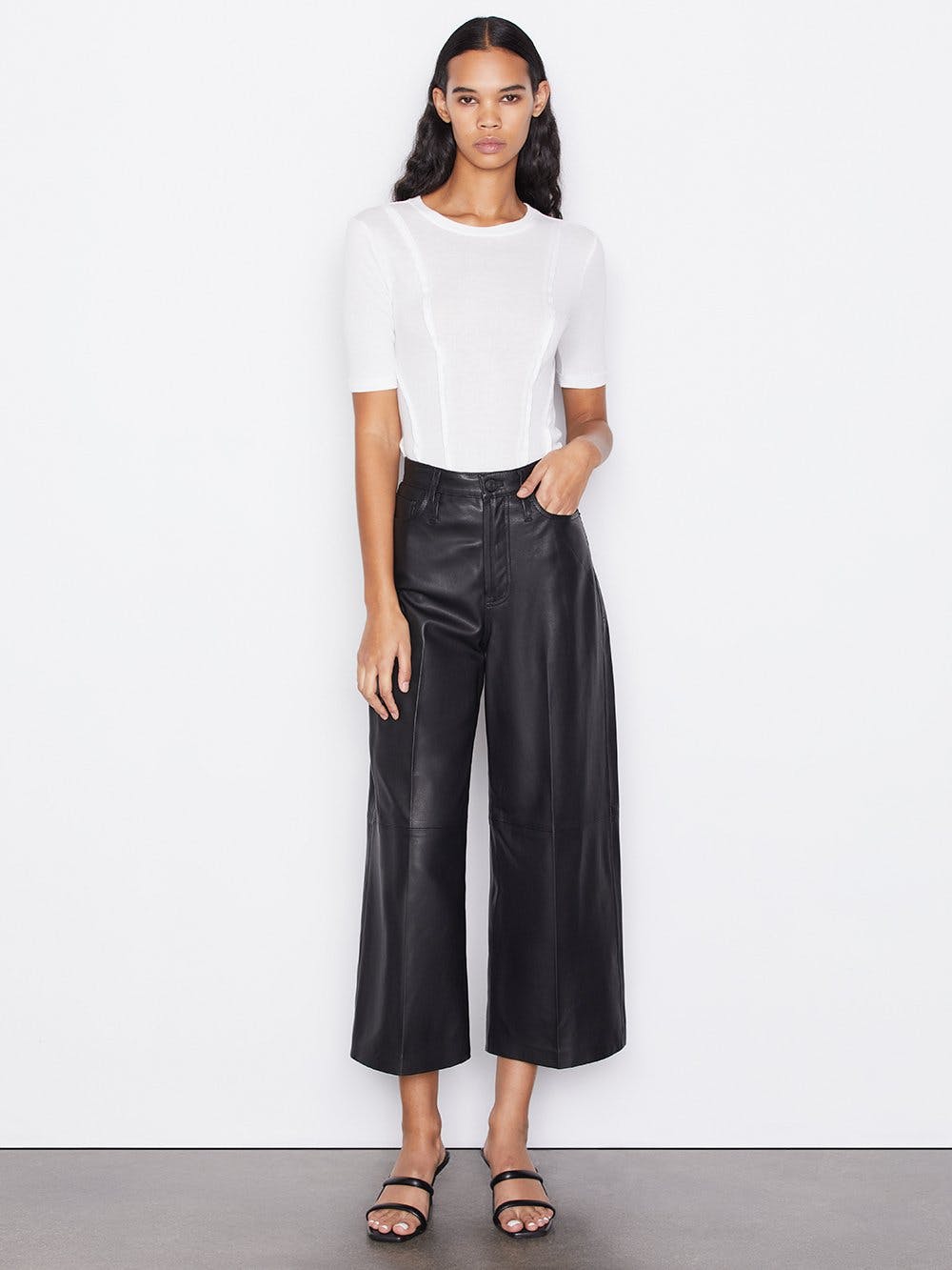 Leather High Rise Wide Crop Noir