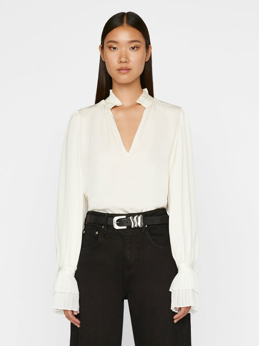 Pleated Cuff V-Neck Top - Off White