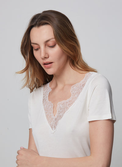 Off White V-Neck Tee with Lace Detail
