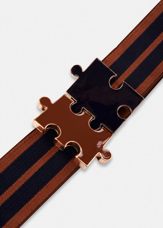 Brown & Black Striped Belt with Puzzle-Shaped Clasps