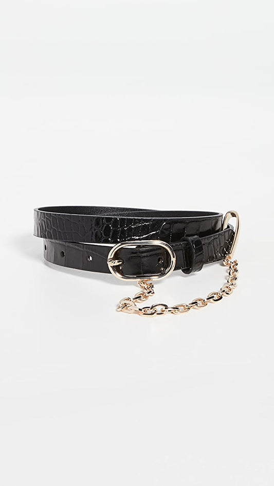 Le Petit Oval Buckle Belt with Chain Noir Croc